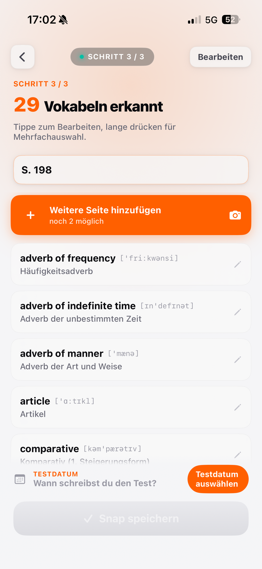 29 Vokabeln erkannt – Snap-Bestätigung
